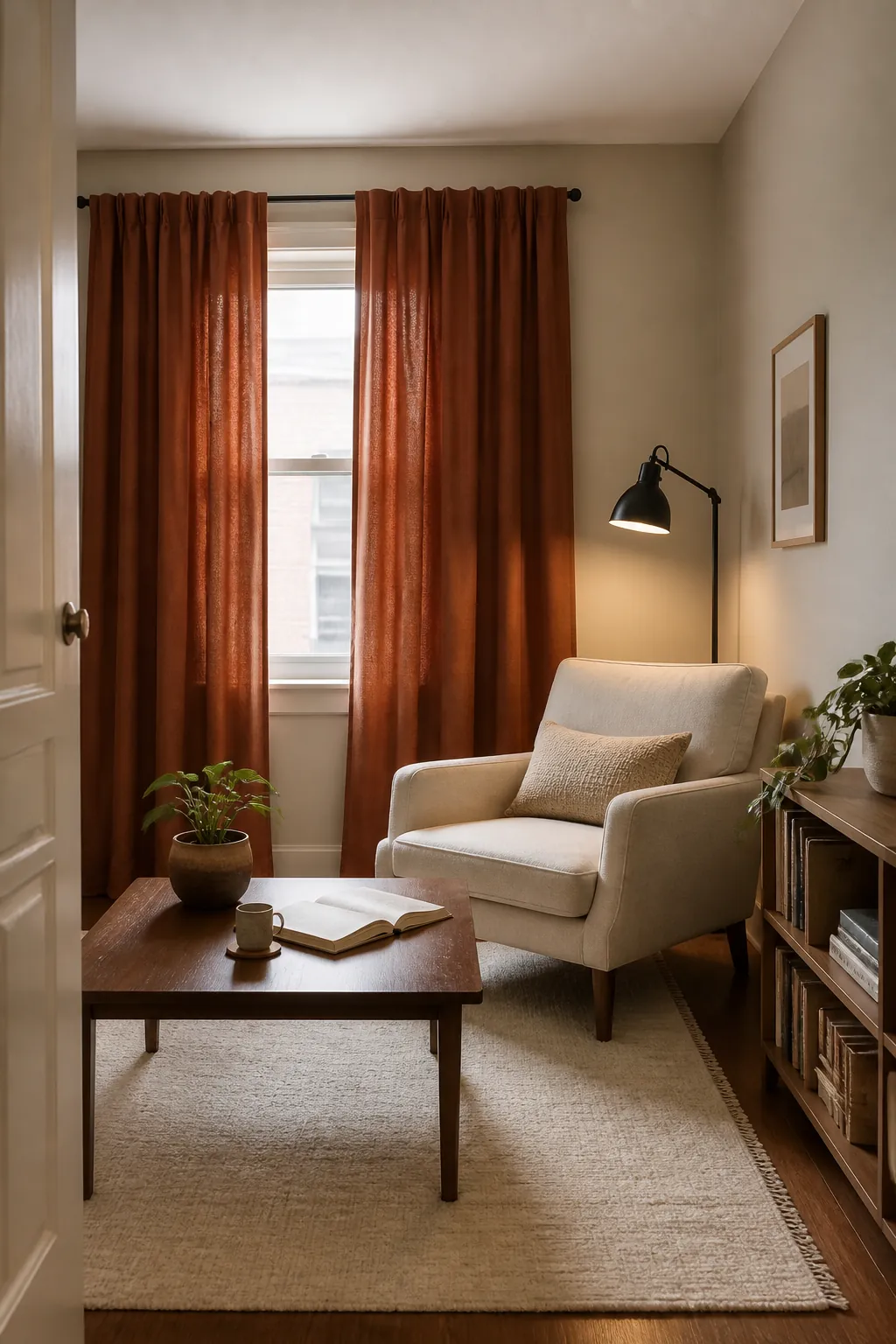 Putty-colored compact room with restrained rust textiles