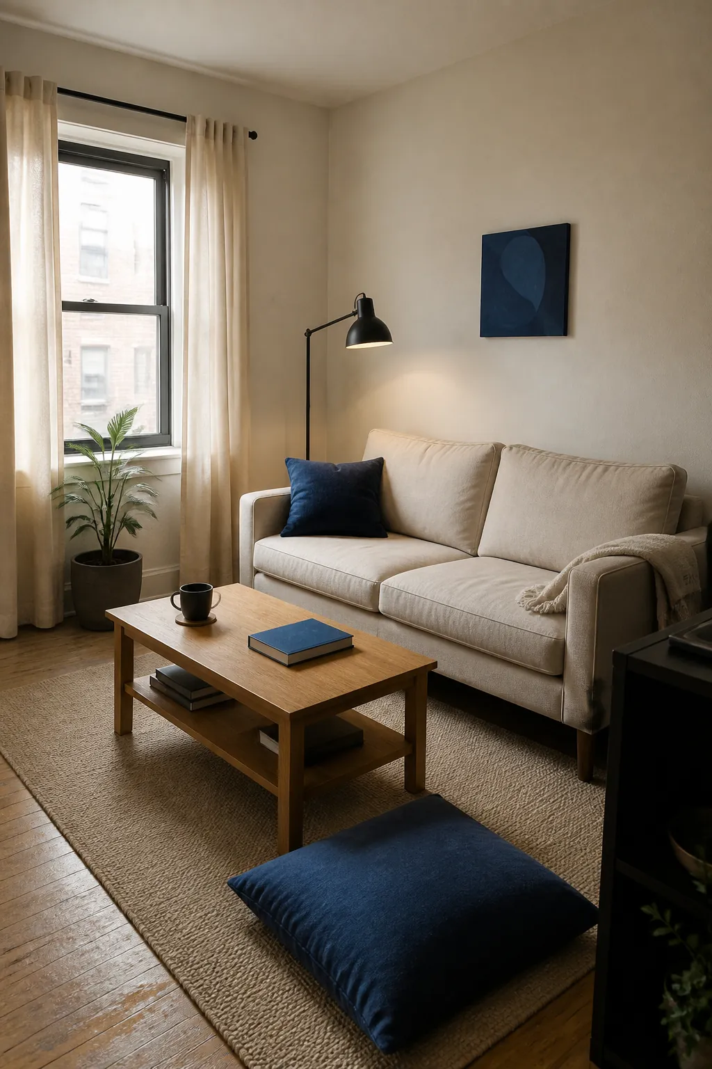 Neutral small room repeating one muted blue accent three times