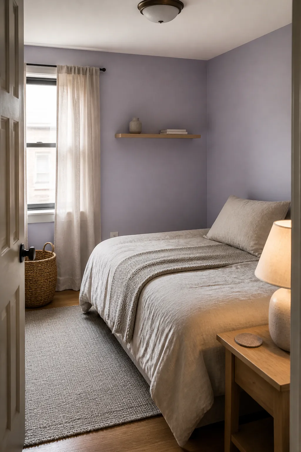 Small room where muted lavender reads as a neutral