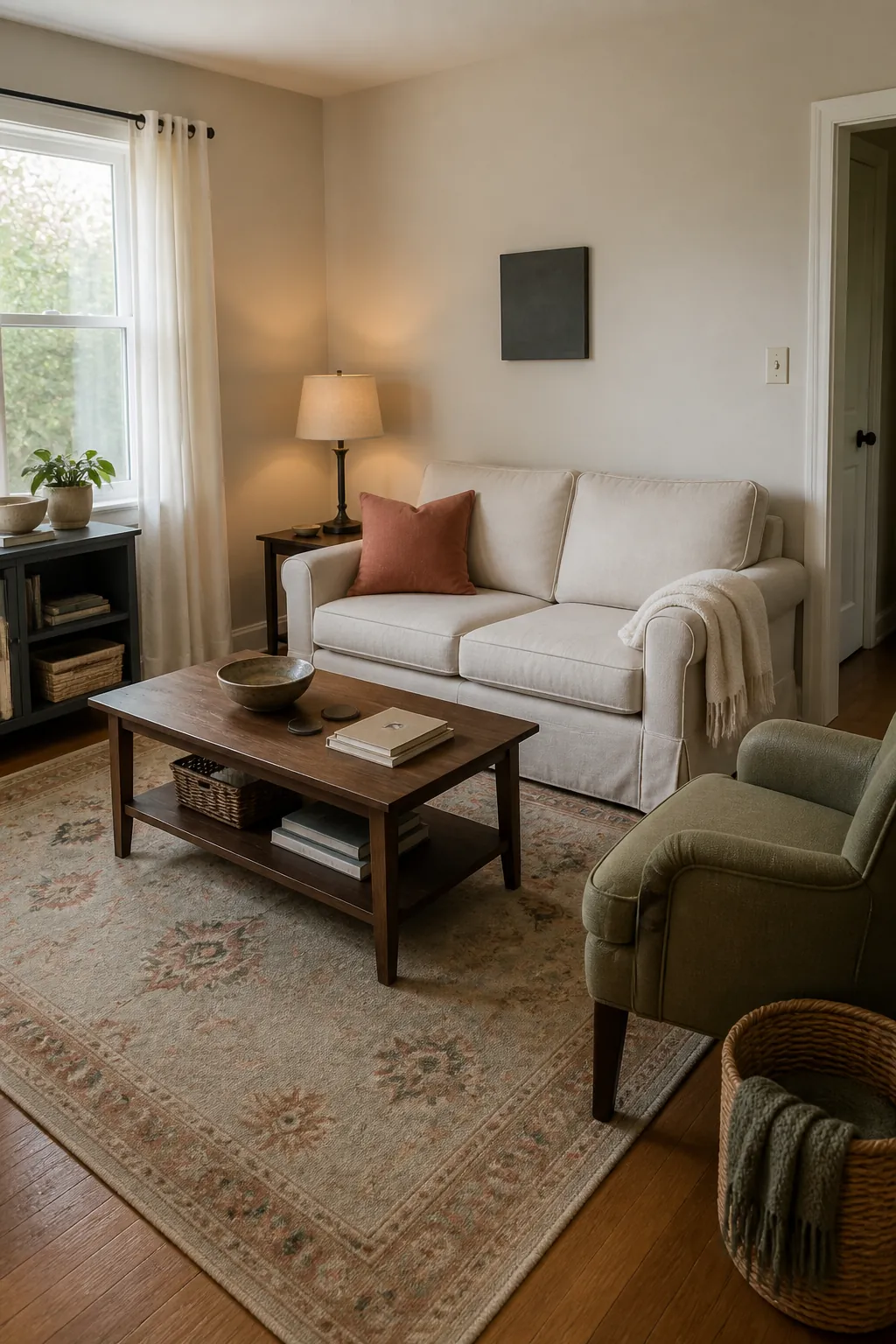 Compact living room using a muted rug as a limited color palette