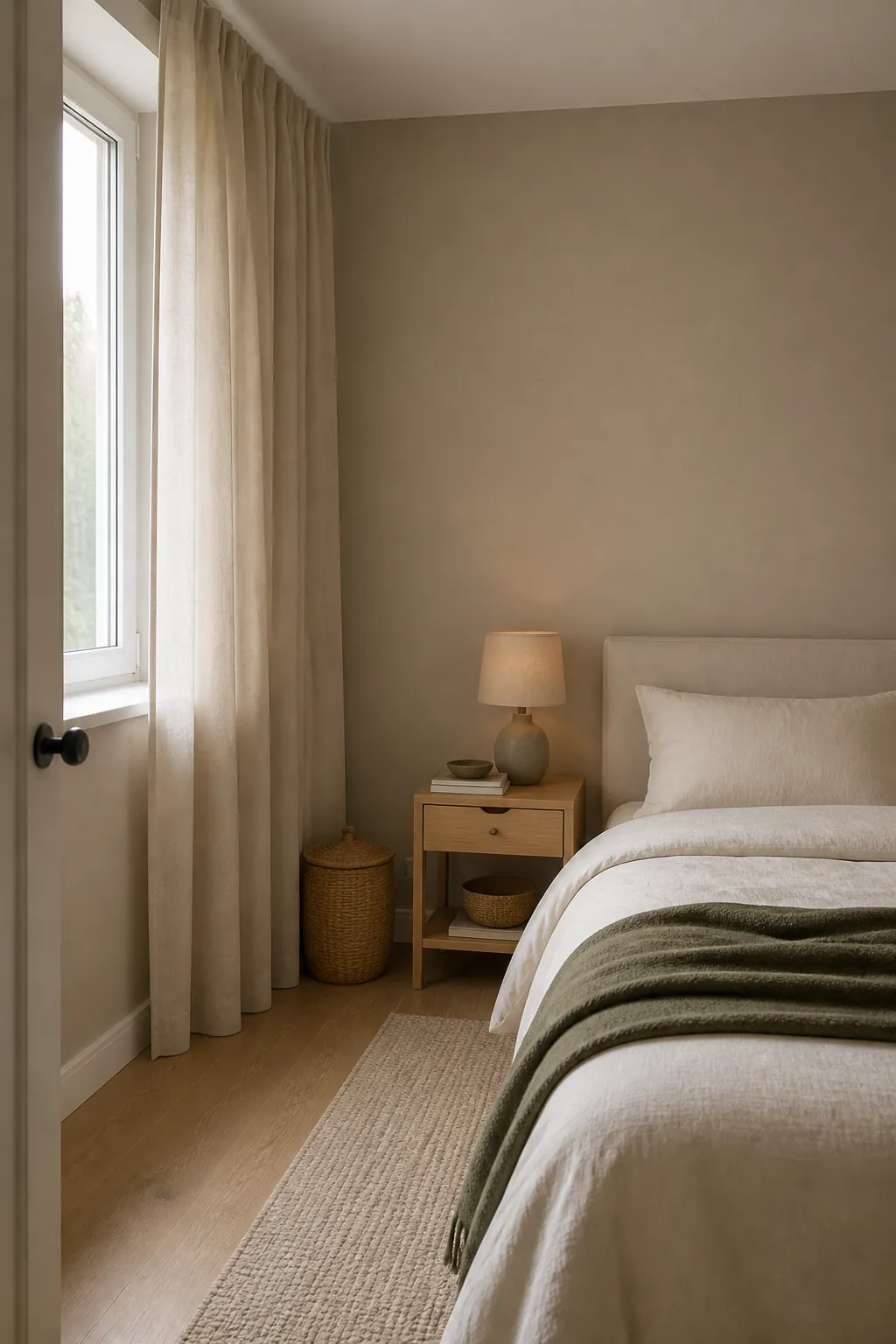Small room with curtains closely matched to the wall color