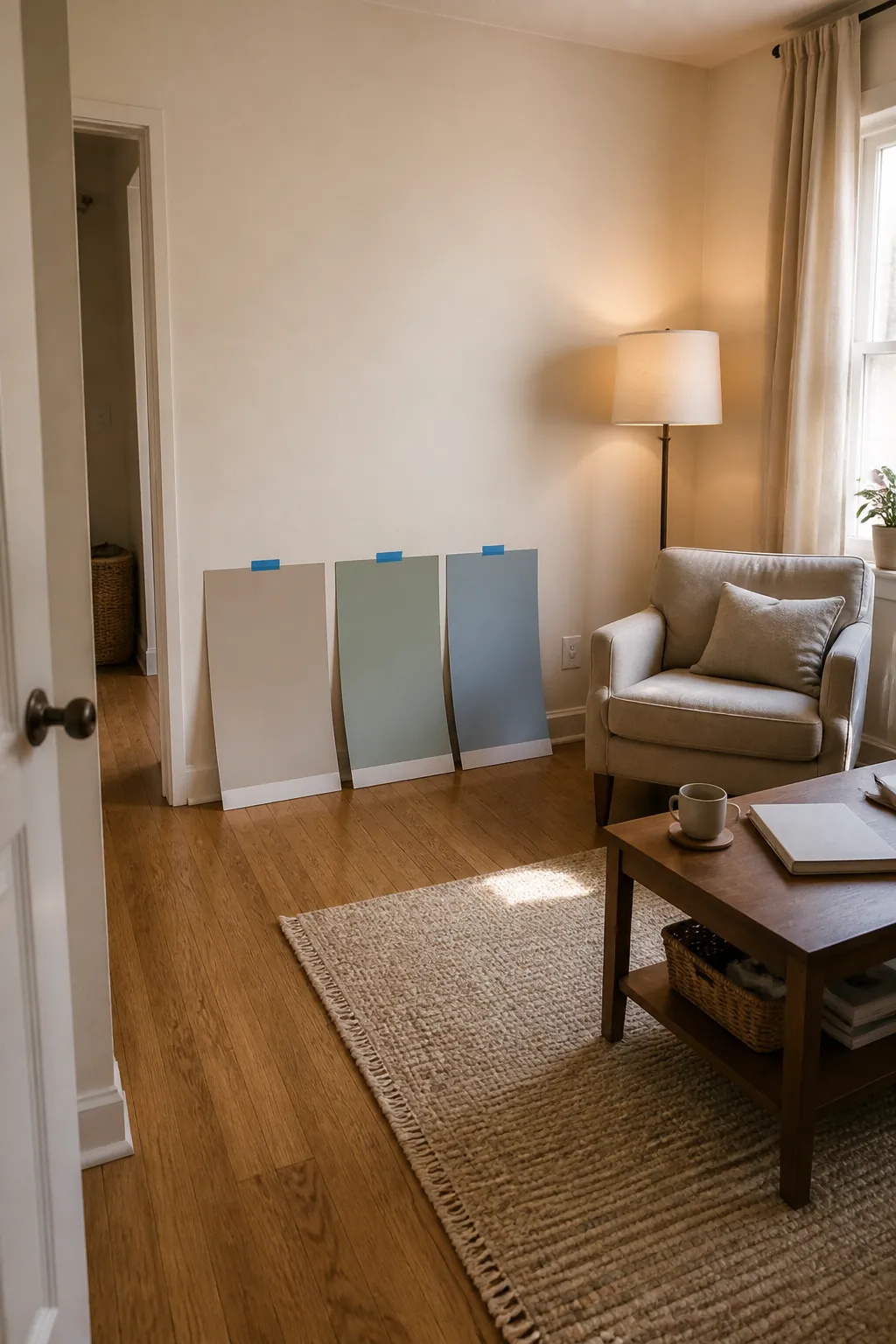 Large paint color samples tested in a small room at different light levels