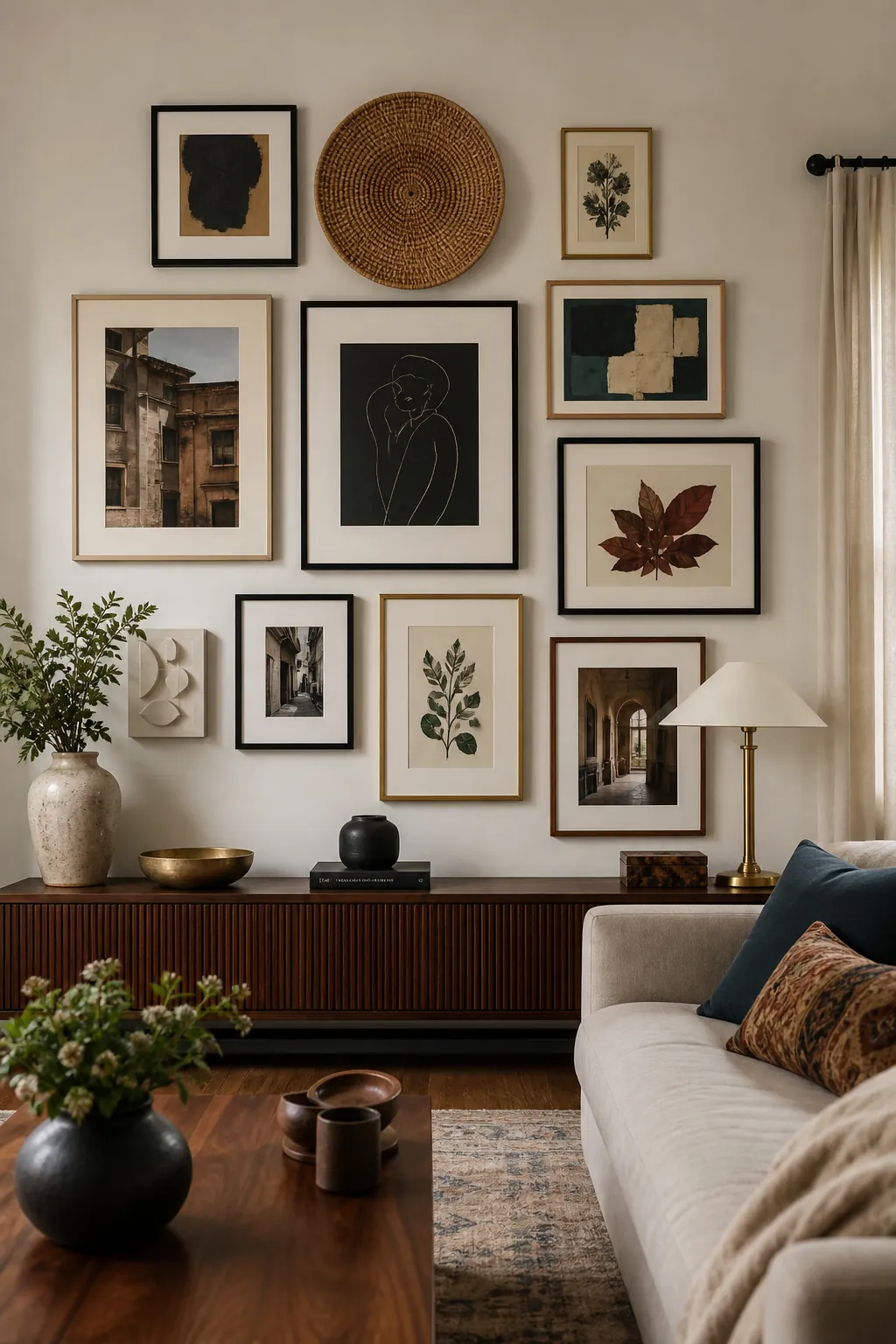 Living room gallery wall inspiration with a balanced mixed collection