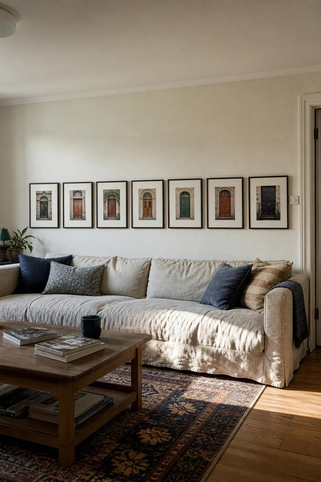 Create a Low Gallery Ribbon Above the Sofa in a real living room