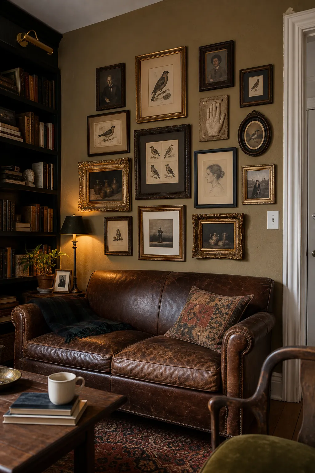 Build a Vintage Salon Wall Beside the Bookcase in a real living room