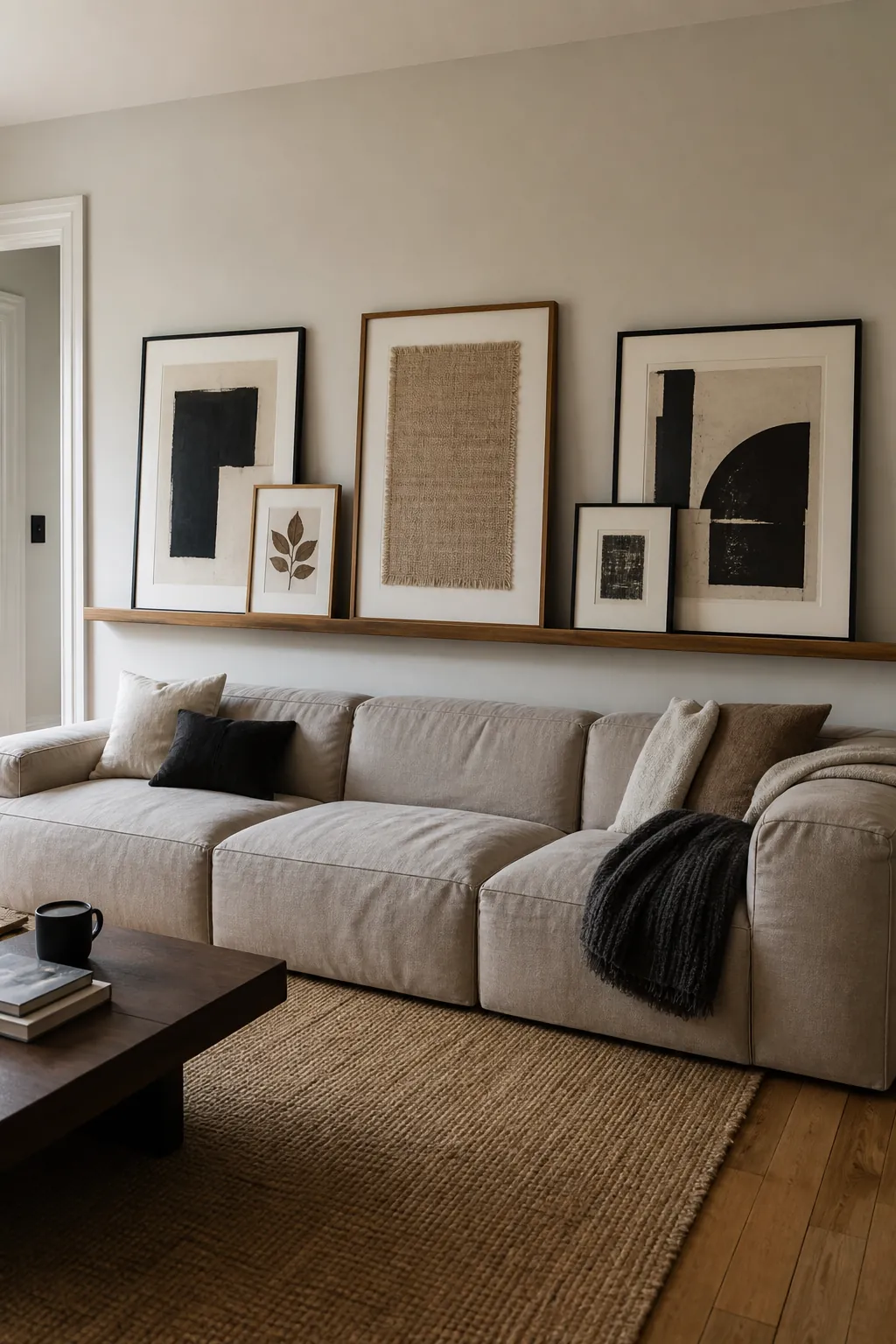 Lean Large Frames on a Long Picture Ledge in a real living room