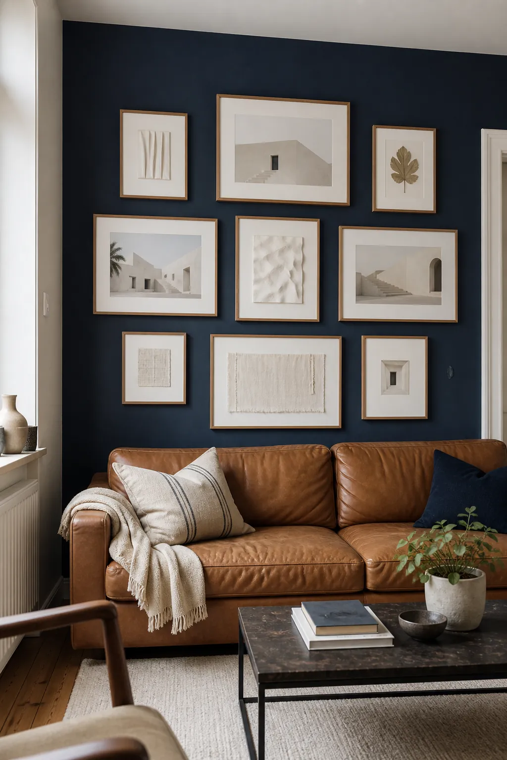 Let a Dark Accent Wall Unify Pale Art in a real living room