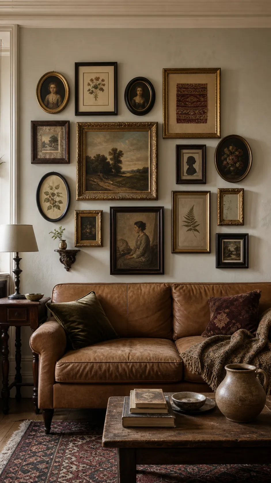 Collected vintage frame wall above a camel sofa