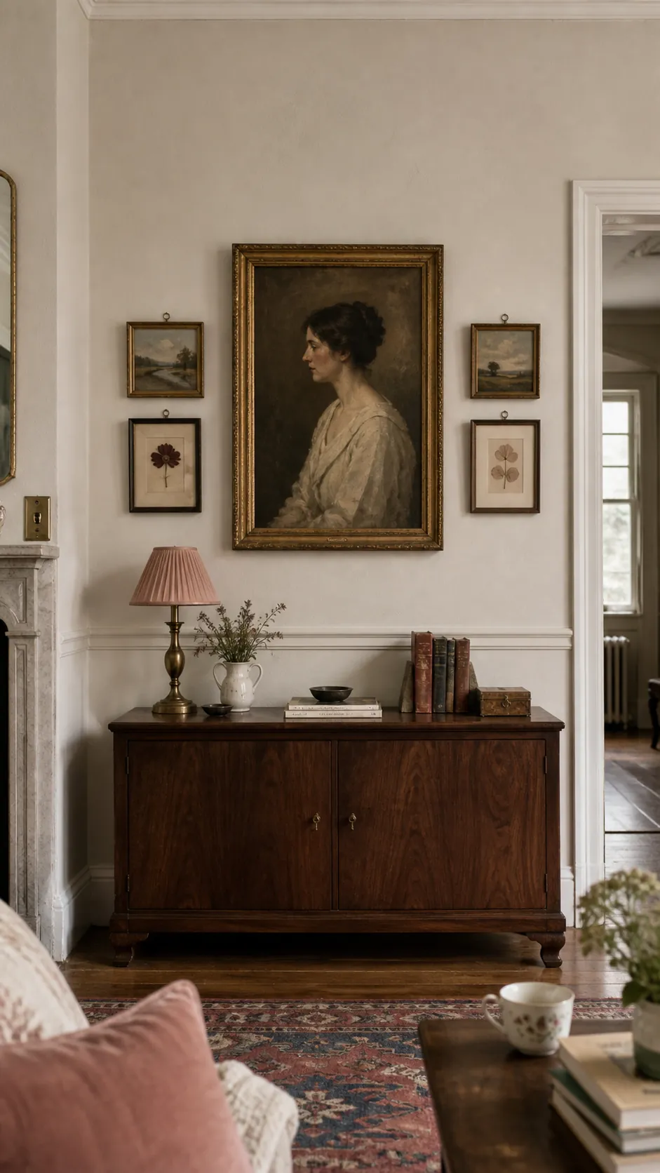 Pair Tiny Frames With One Oversized Portrait styled in a real home