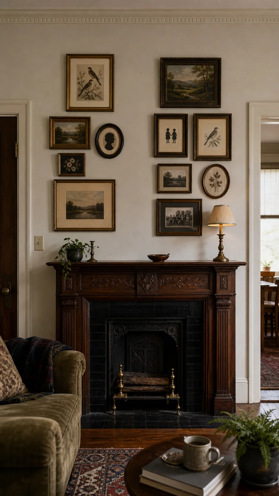 Flank a Fireplace With Uneven Vintage Clusters styled in a real home