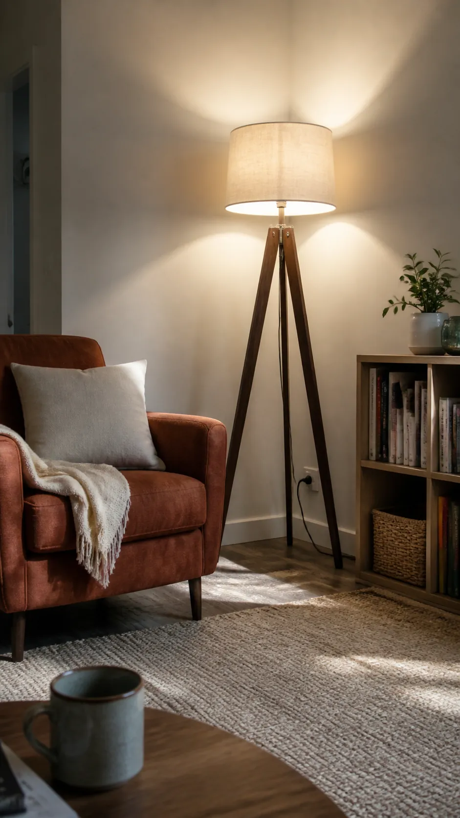 Use a Tripod Lamp to Define an Empty Corner in a compact small home