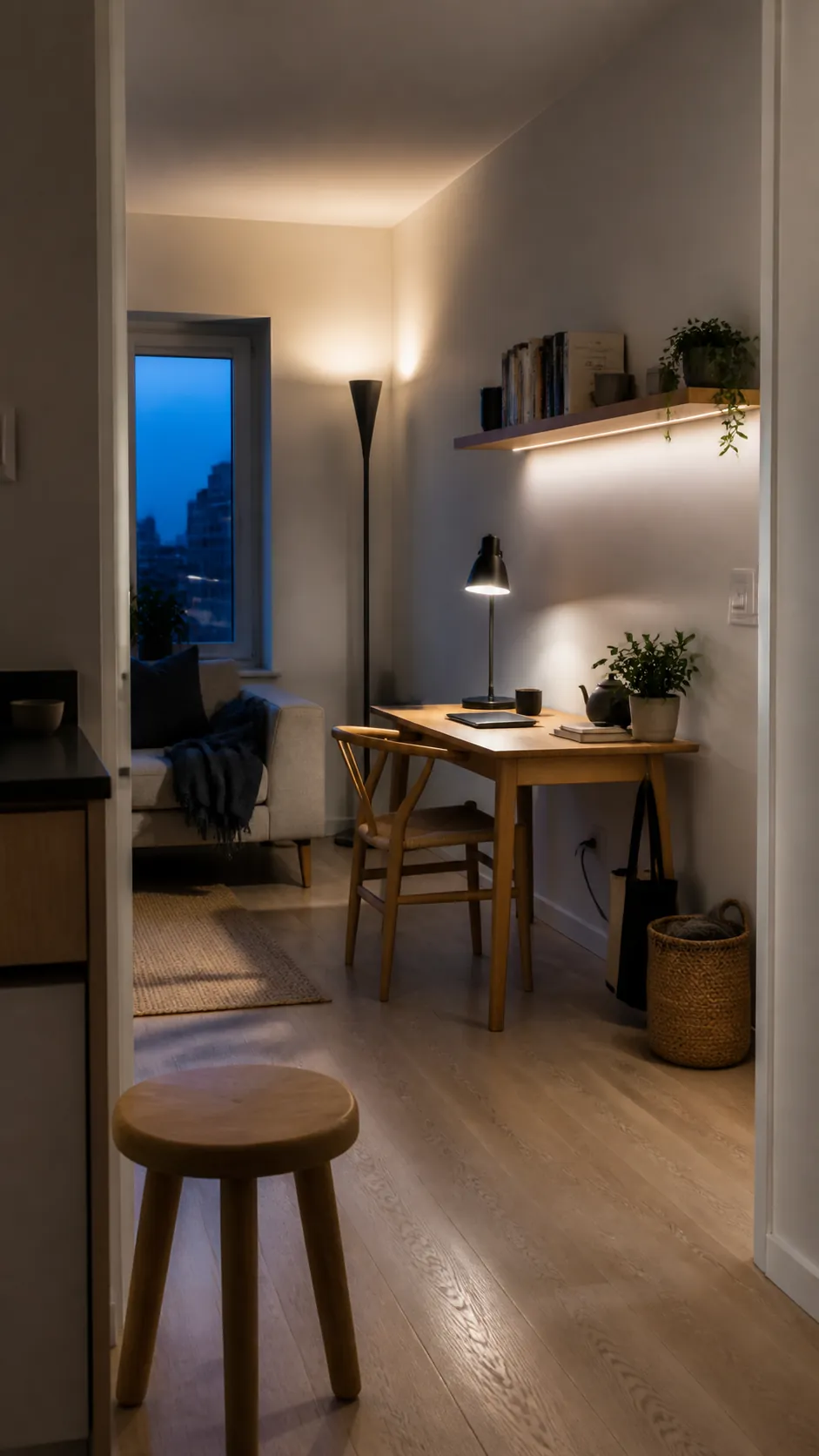 Layered corner, shelf, and desk lighting in a compact apartment