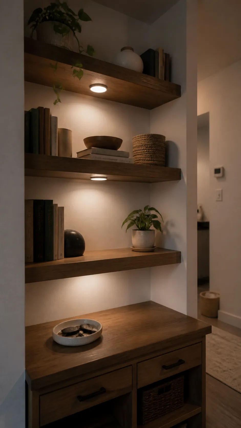 Hide Puck Lights Under Deep Shelves in a compact small home