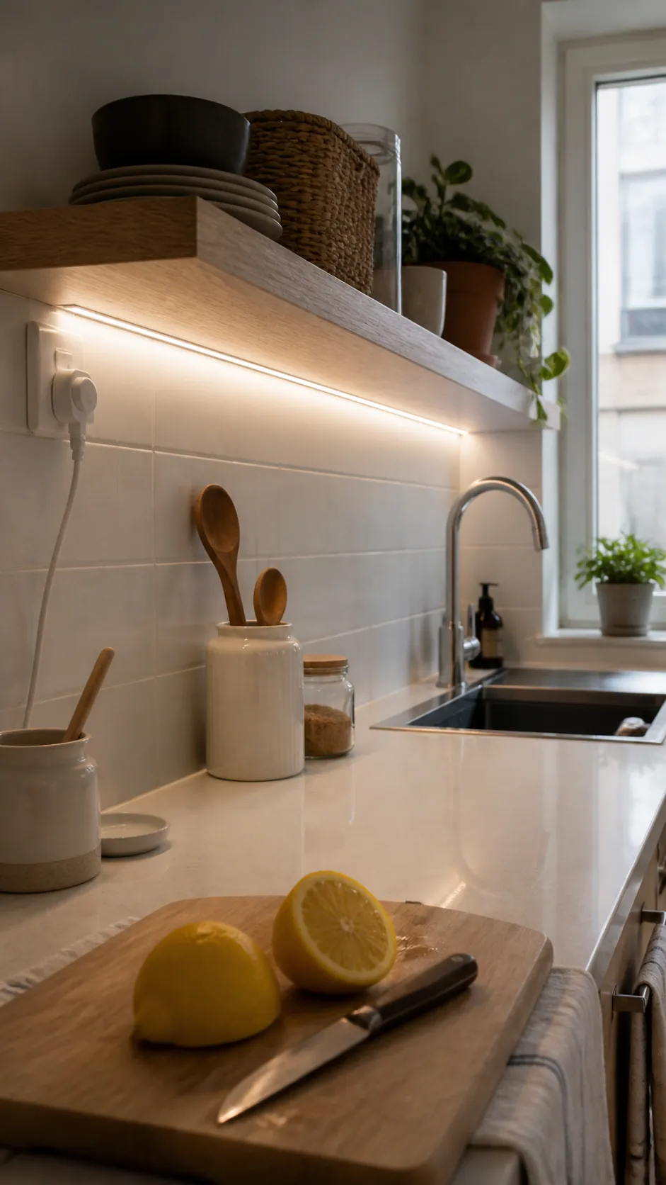 Run a Diffused LED Strip Beneath a Shelf in a compact small home