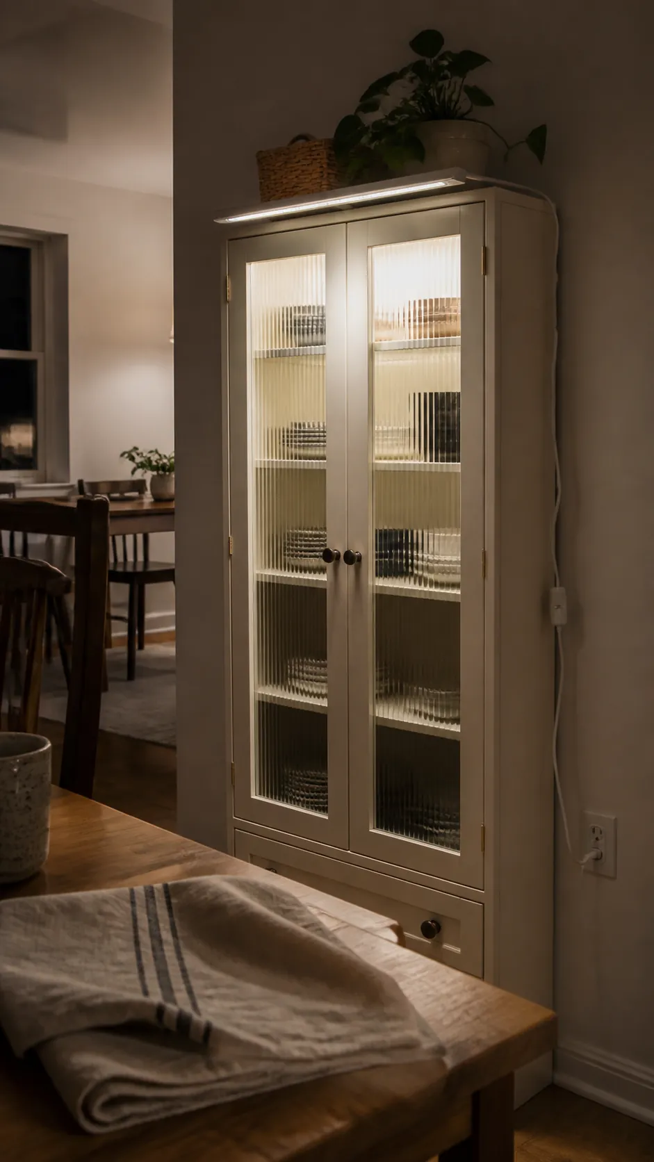 Light a Glass-Front Cabinet From the Top in a compact small home