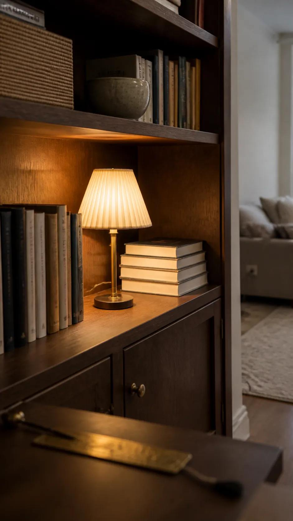 Place a Mini Lamp Inside a Bookcase Bay in a compact small home