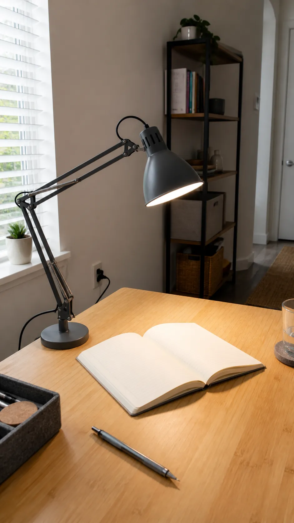 Aim an Adjustable Desk Lamp Across the Work Surface in a compact small home