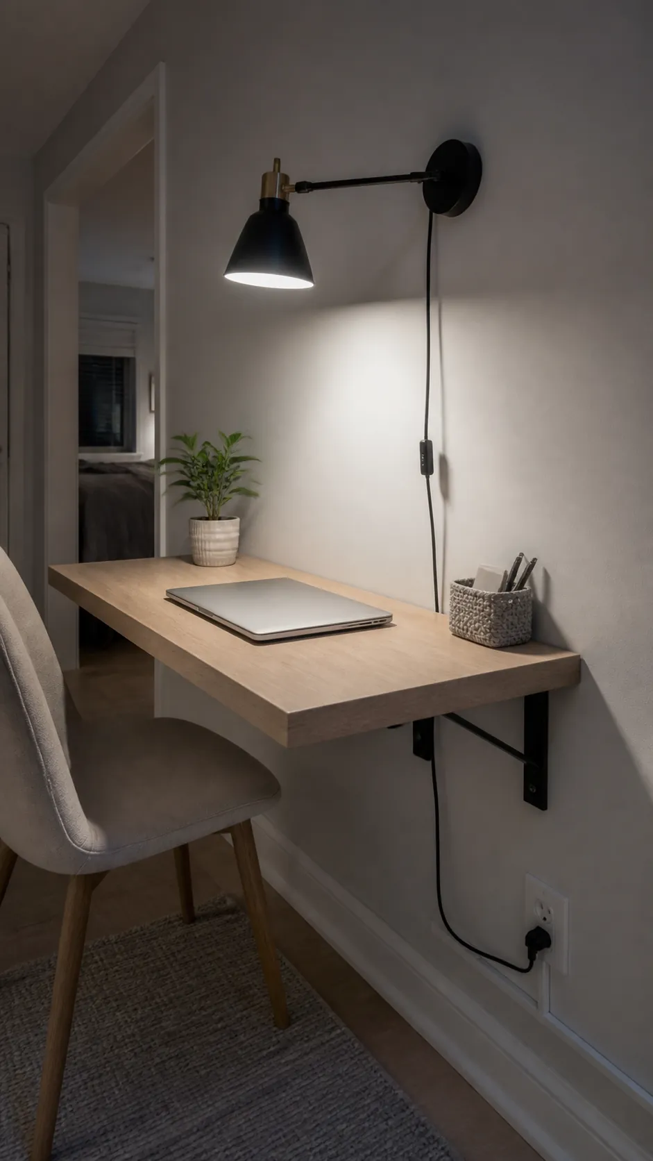 Mount a Plug-In Sconce Above a Floating Desk in a compact small home