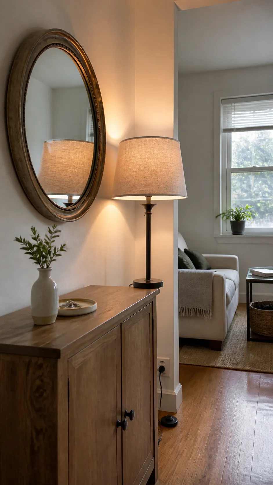 Bounce Lamp Light With a Carefully Placed Mirror in a compact small home