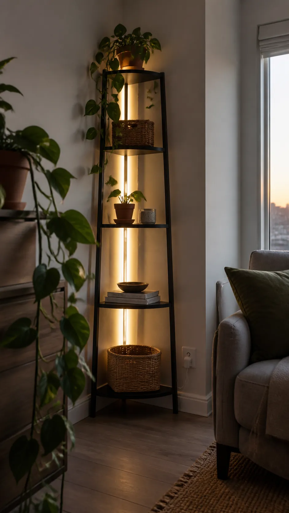 Turn a Corner Shelf Into a Vertical Glow in a compact small home