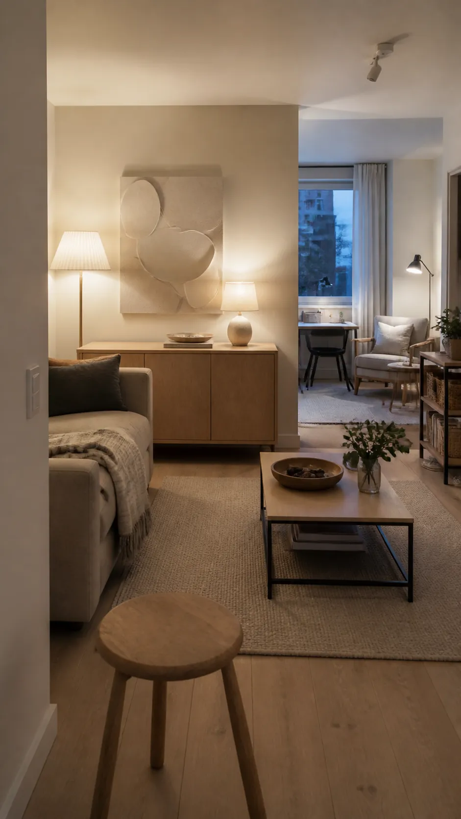 Calm small home styled with soft color and layered warm lighting