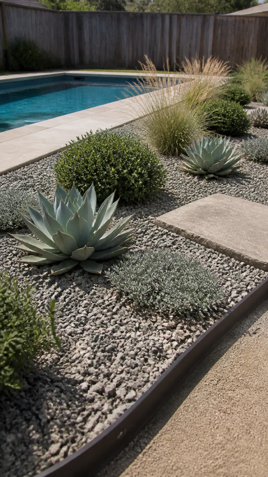 Drought-tolerant plants arranged in clean gravel beds beside a swimming pool