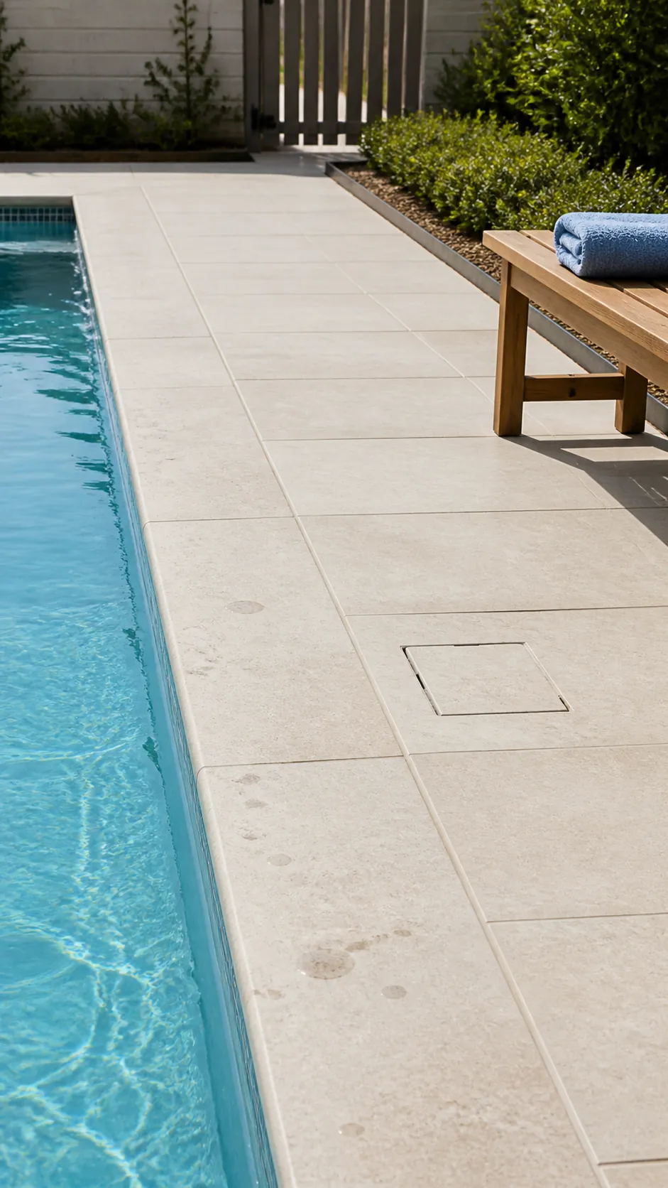 Wide slip-resistant pool deck separating water from low-maintenance landscaping
