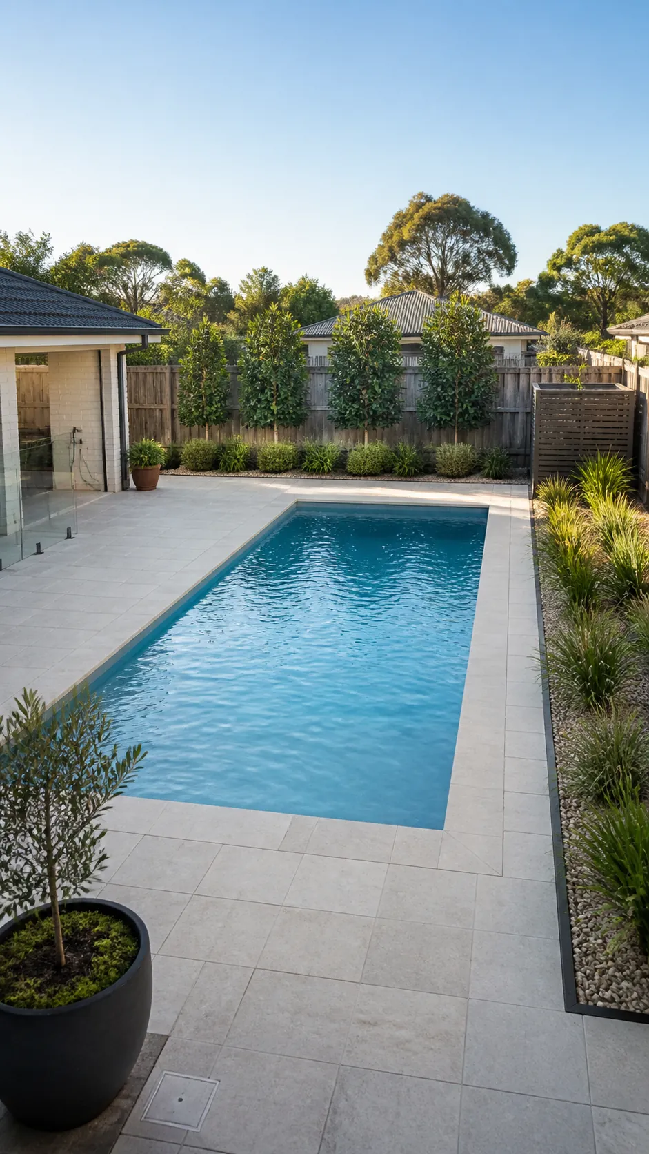 Low-maintenance pool landscape with restrained evergreen planting and clean stone paving