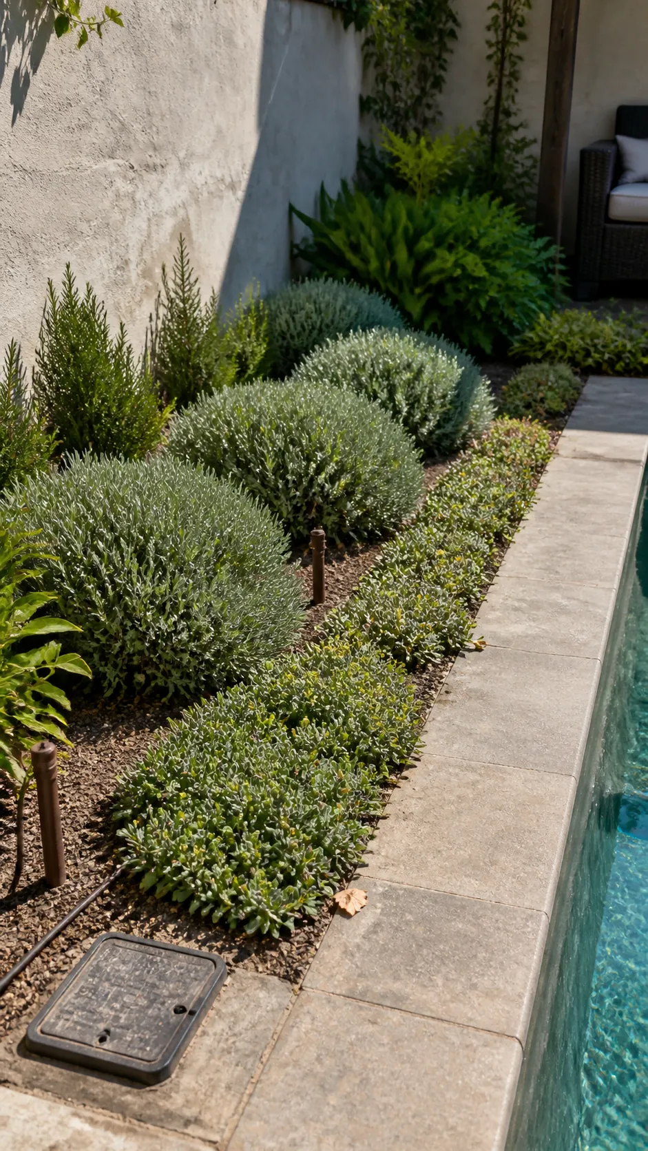 Poolside planting bed grouped into efficient low-water irrigation zones