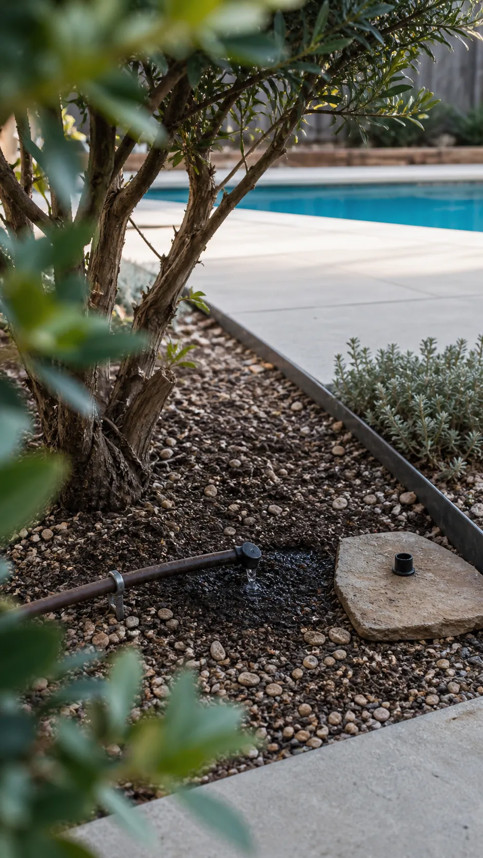 Discrete drip irrigation serving an orderly low-maintenance pool planting bed
