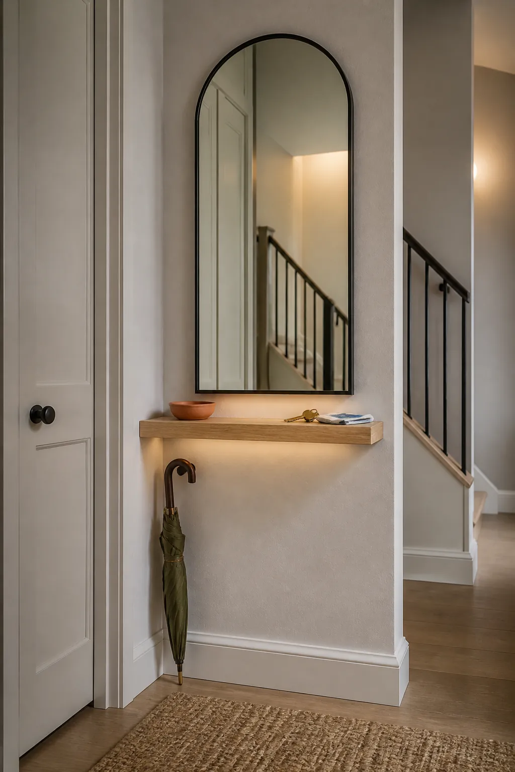Arched entryway mirror above a compact floating key shelf