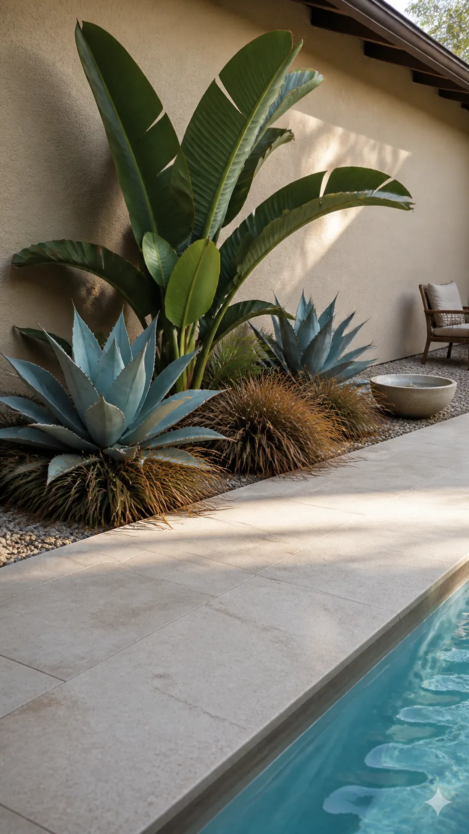 Bold architectural plants safely set back from a clean pool walkway