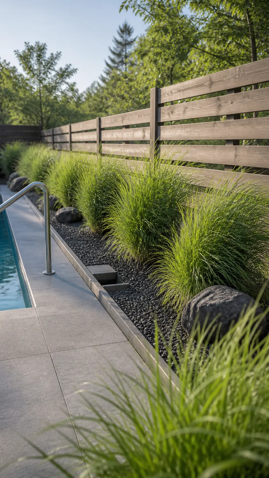 Tidy clumping ornamental grasses softening a low-maintenance pool deck