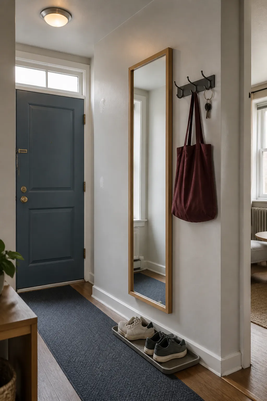 Full-length entryway mirror mounted beside a front door