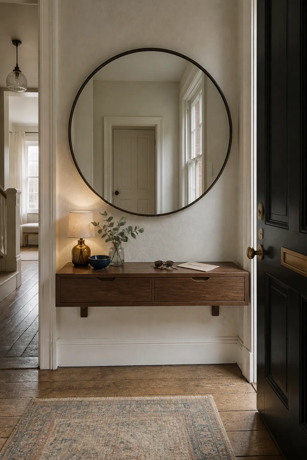Oversized round entryway mirror above a slim wood console