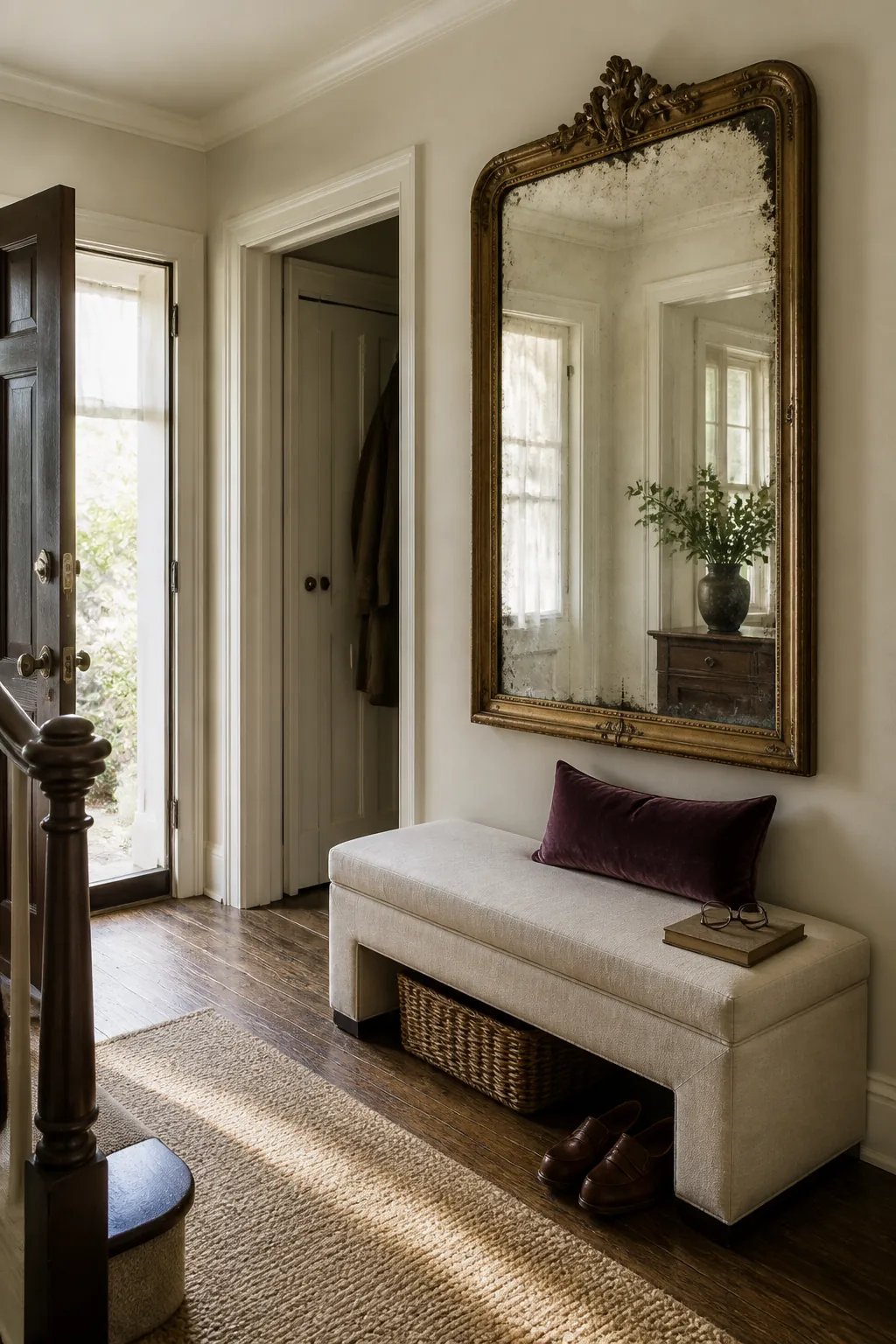 Antique gilt mirror paired with a clean modern entryway bench