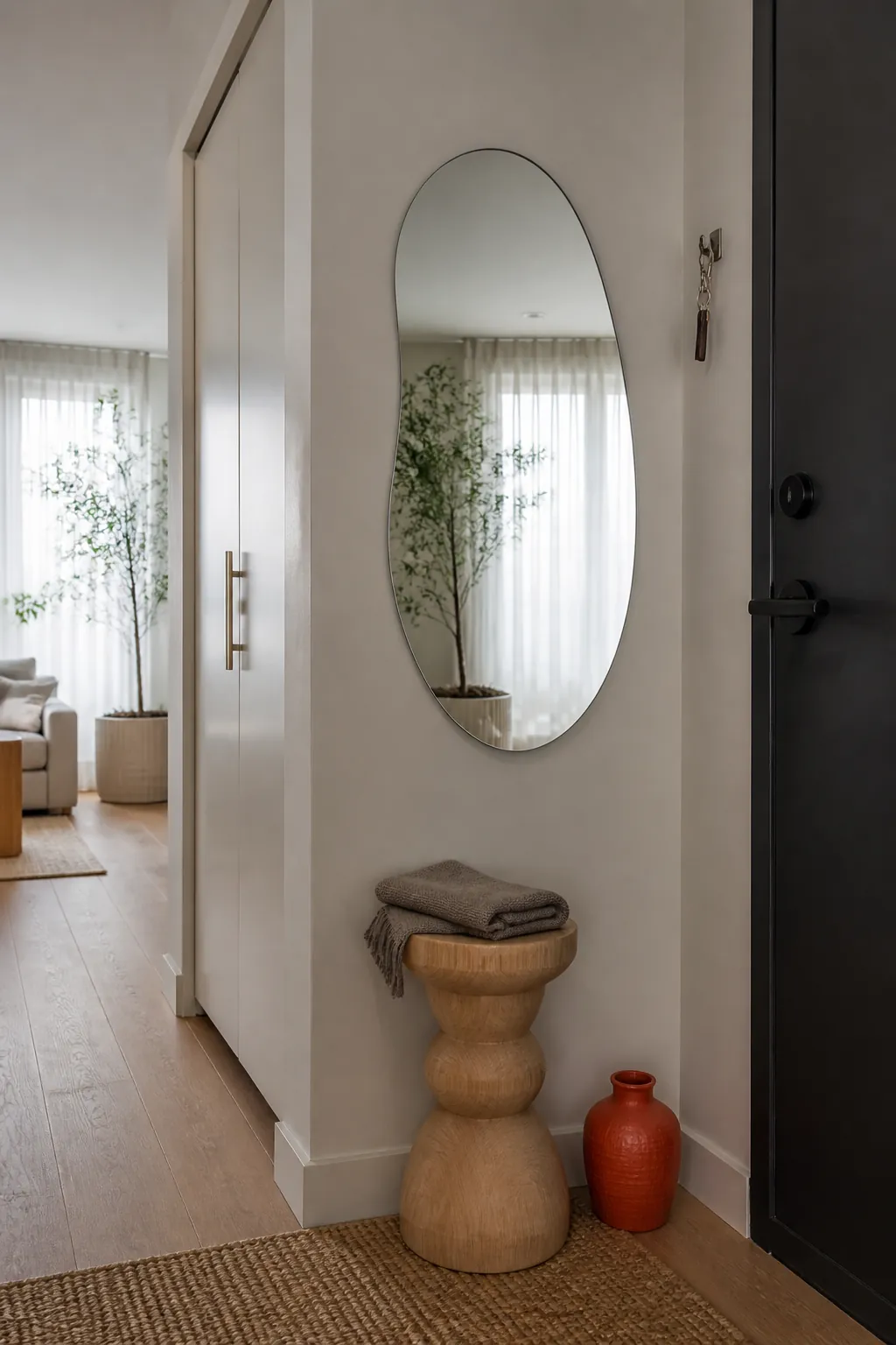 Organic shaped mirror styled on a narrow entryway wall