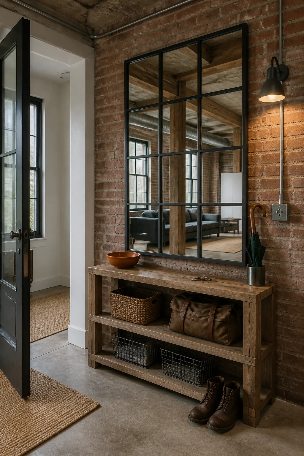 Black grid mirror in an industrial style foyer with warm wood accents