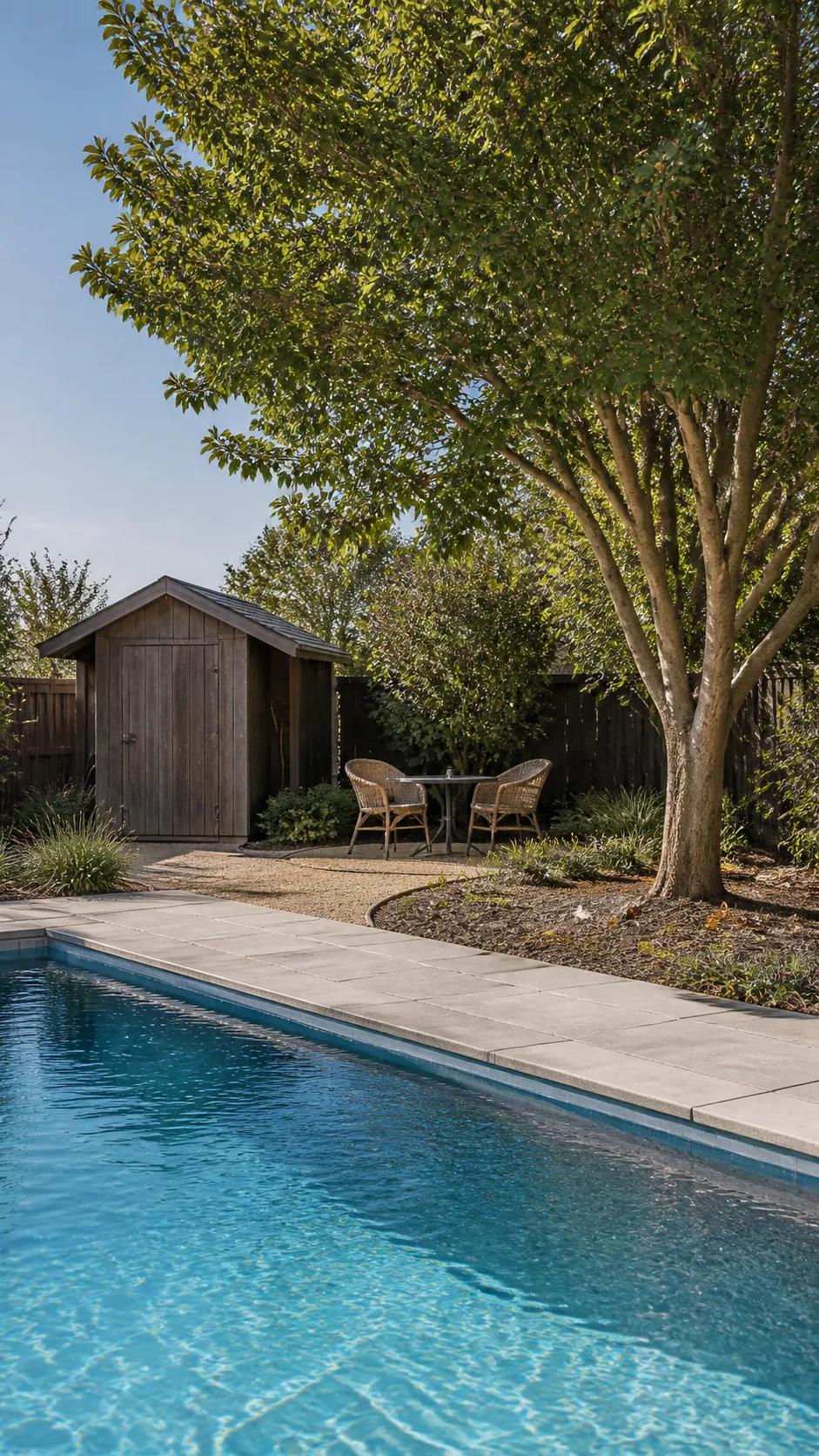 Mature shade tree positioned away from pool water and coping