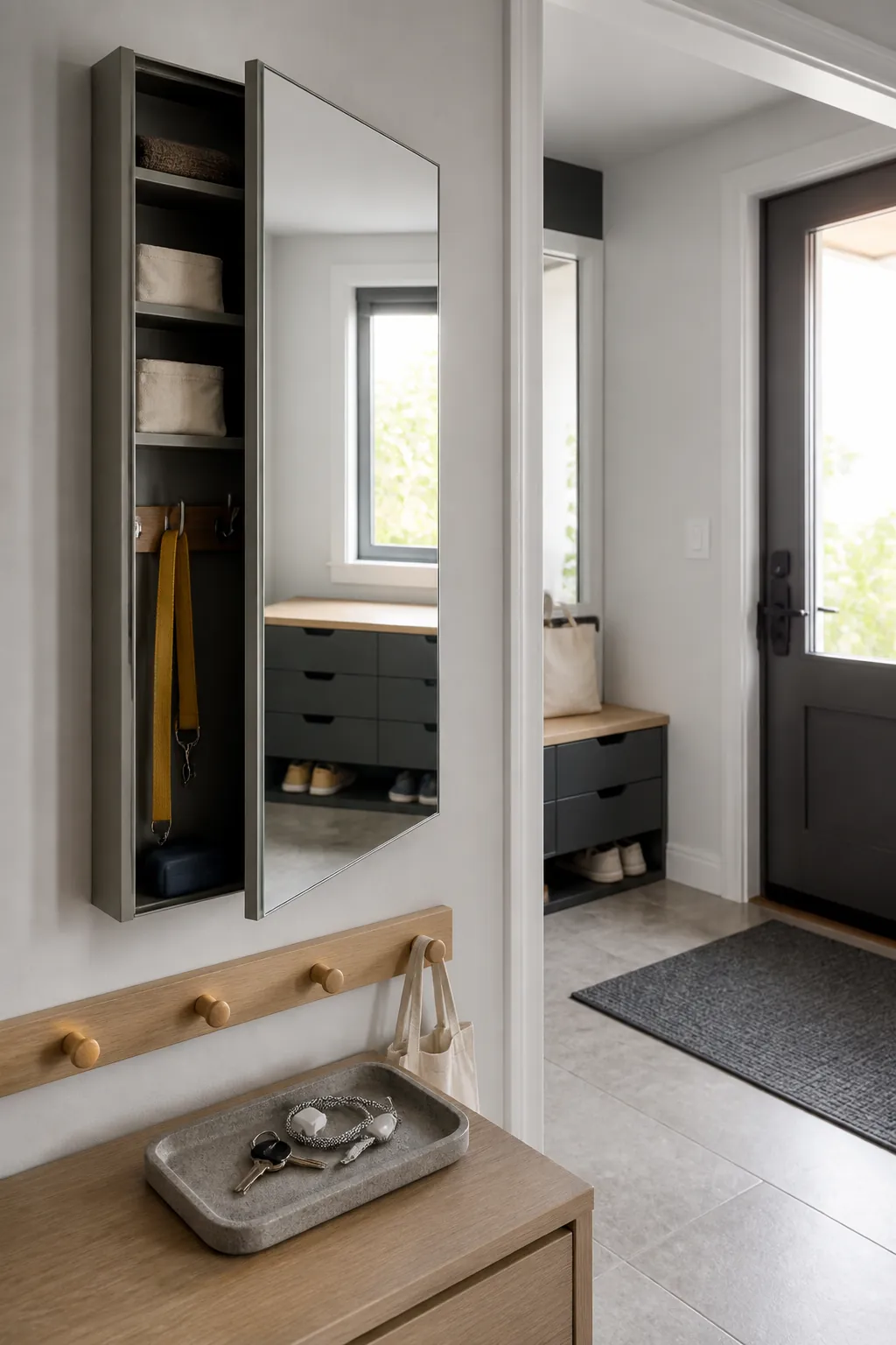 Entryway mirror cabinet with concealed storage for daily essentials