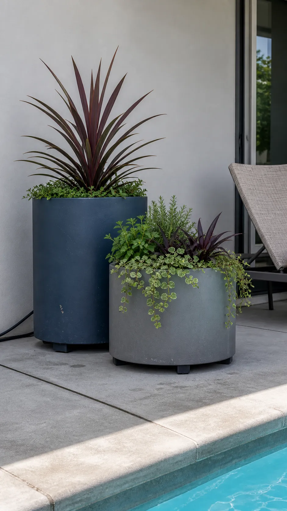 Oversized planted containers adding easy-care color beside a pool