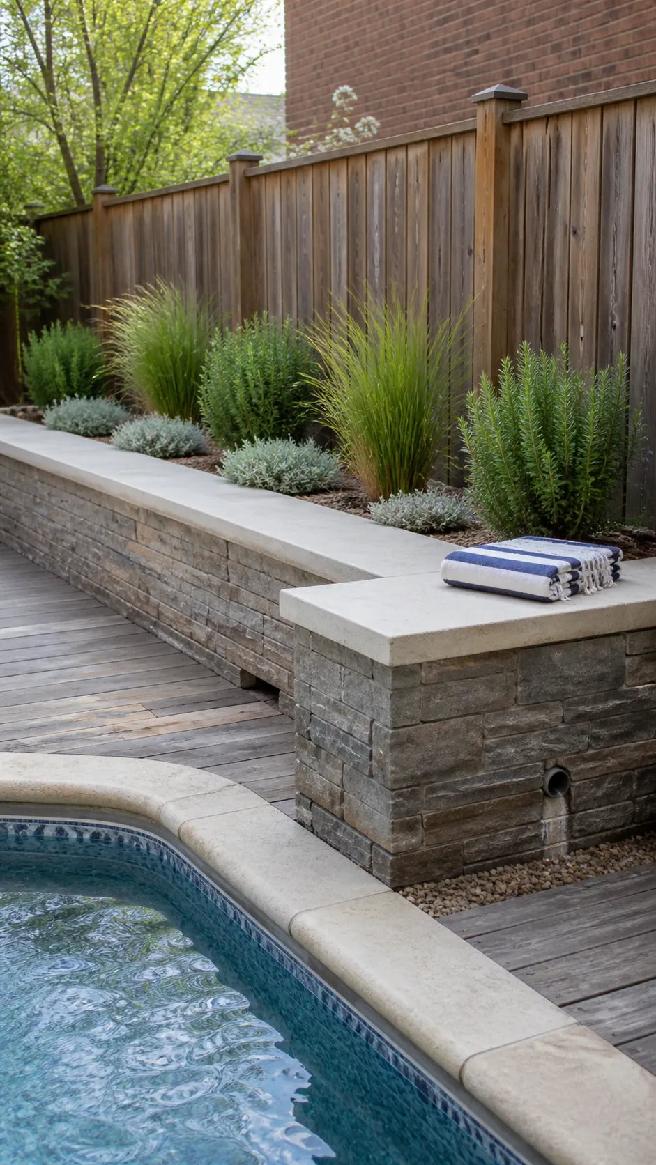 Crisp raised planter containing low-maintenance greenery beside a pool