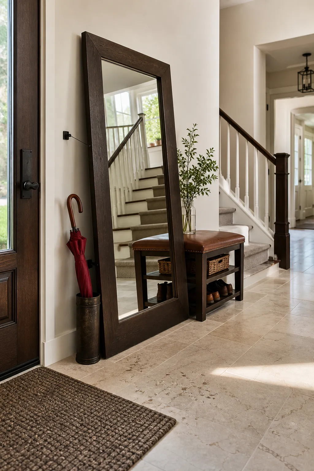 Large leaning floor mirror safely anchored in a spacious foyer