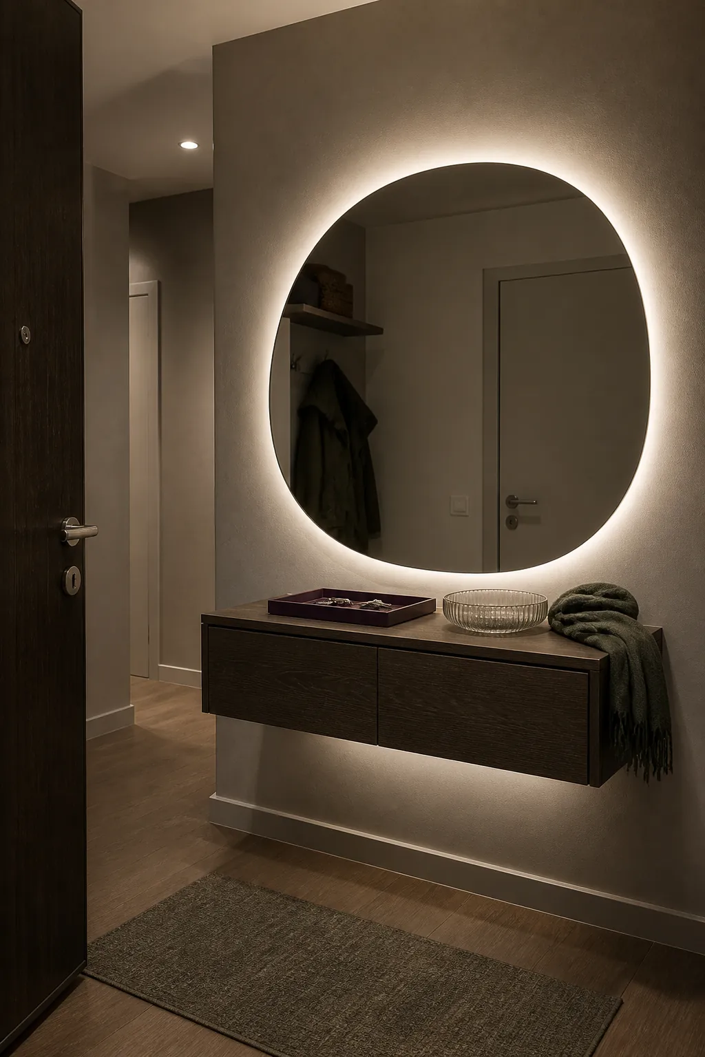Warm backlit mirror illuminating a windowless entry hall