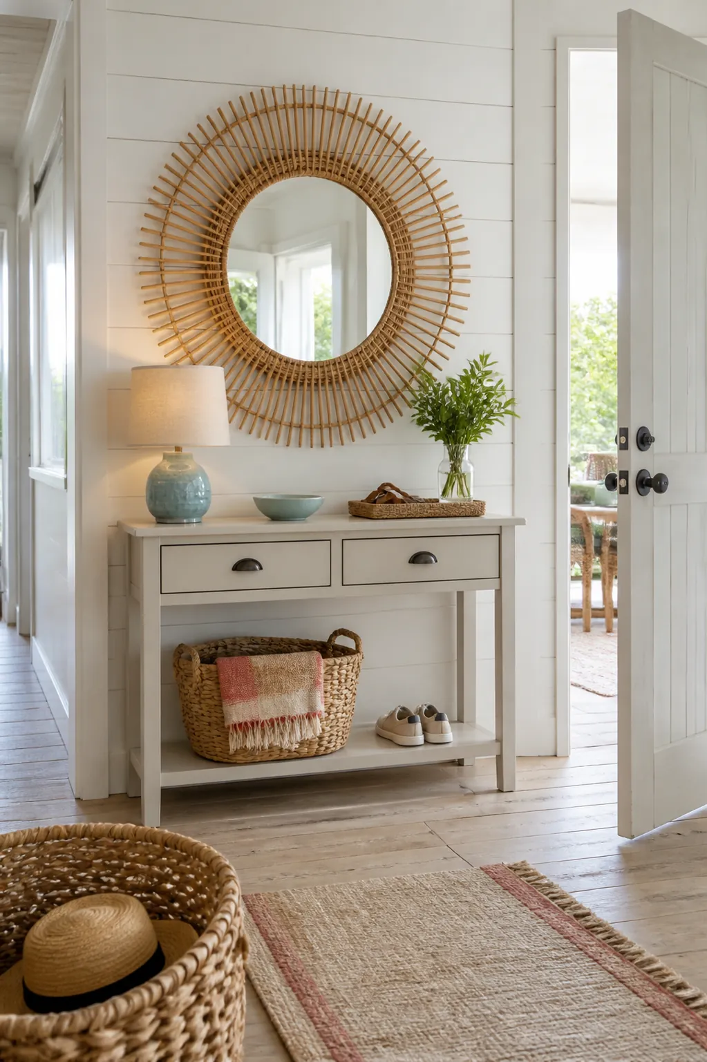 Rattan sunburst mirror creating a warm natural entryway