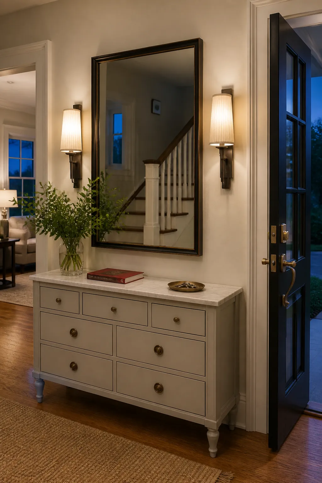 Rectangular foyer mirror flanked by matching wall sconces