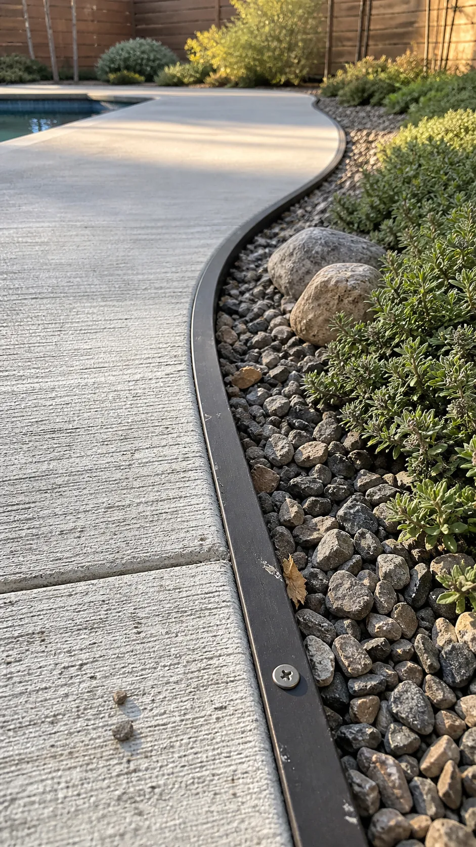 Durable metal edging separating gravel planting from a pool deck