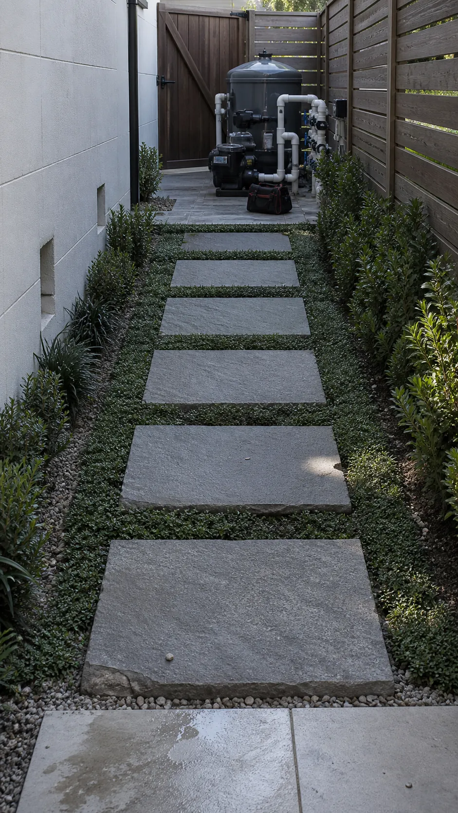 Stable stepping-stone path providing clear access to pool equipment