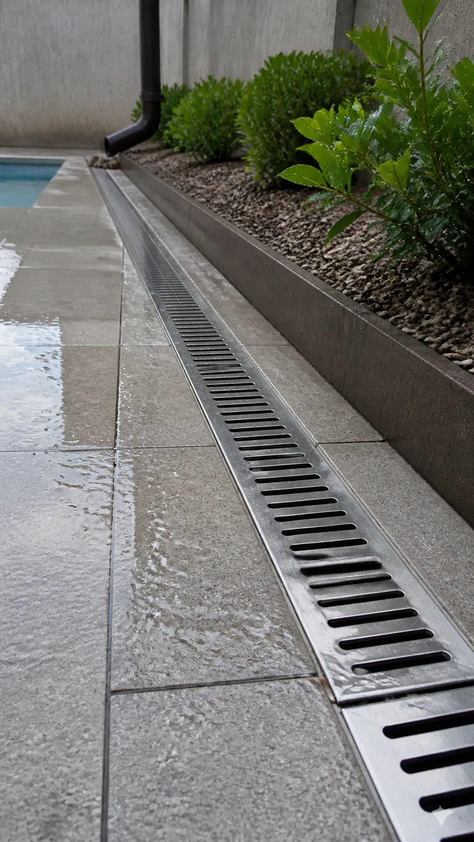 Discreet linear drain managing runoff along a clean pool deck