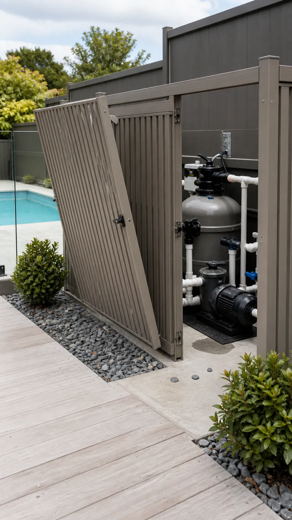 Ventilated slatted screen concealing pool equipment with clear service access